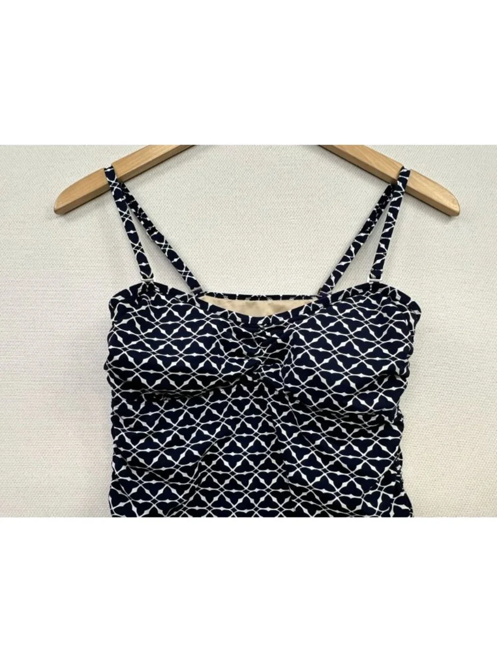 Lands' End Women's Tankini Swim Top Sleeveless Side Ties Size 6P Navy White Geo